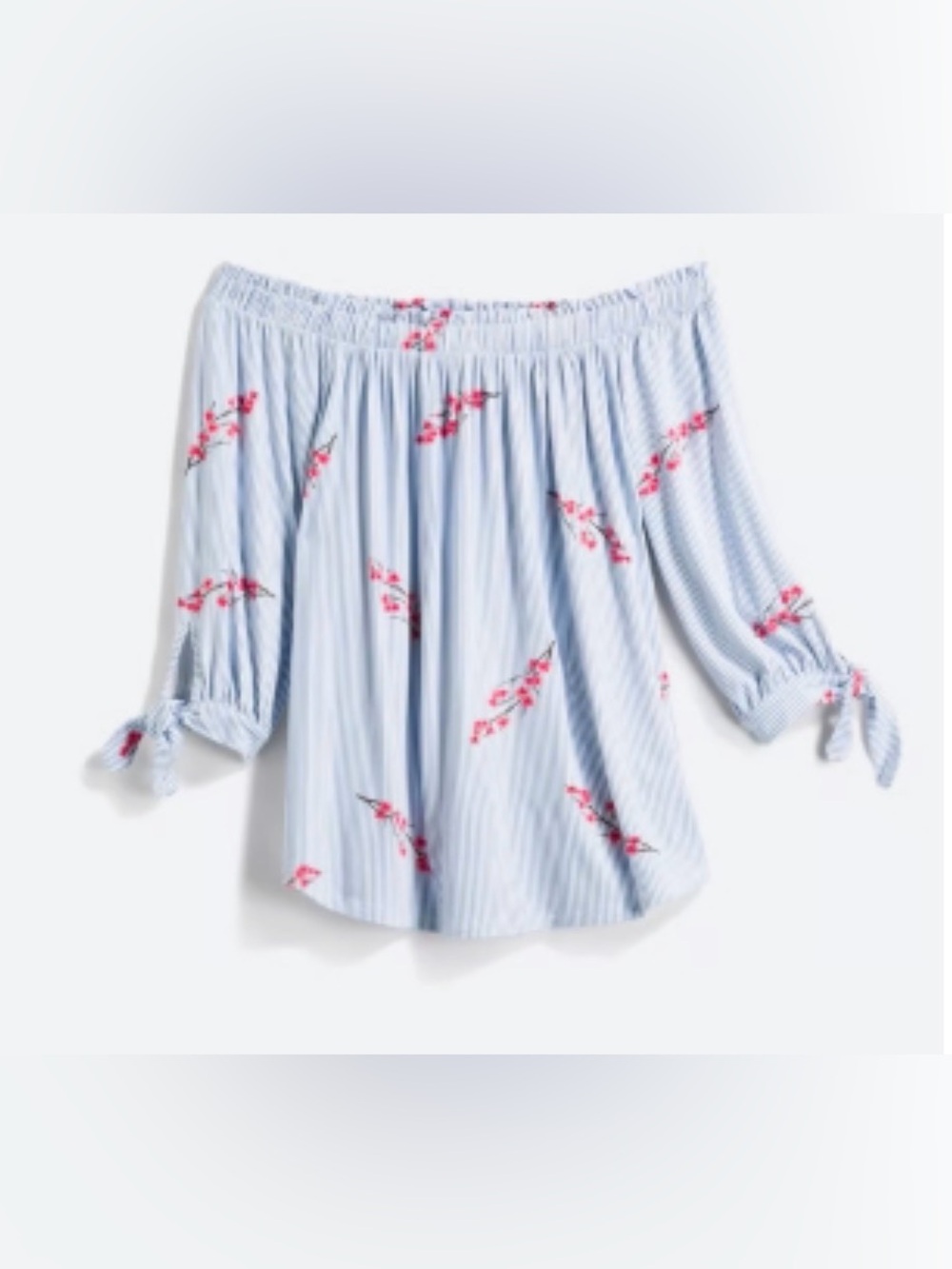 Olive & Oak Light Blue Off-Shoulder Cherry Blossom Stripe Blouse